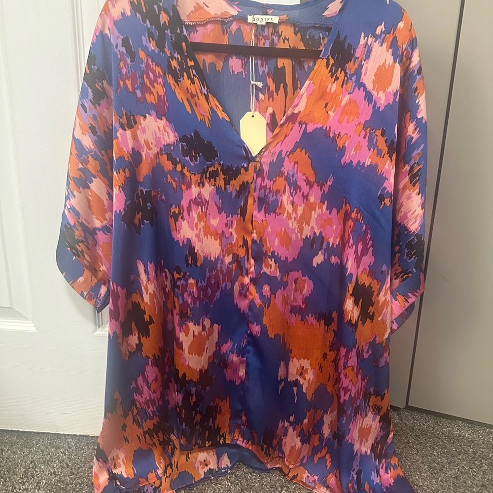 Vibrant Multi-Color V-Neck Tunic Top - Blue/Pink/Orange